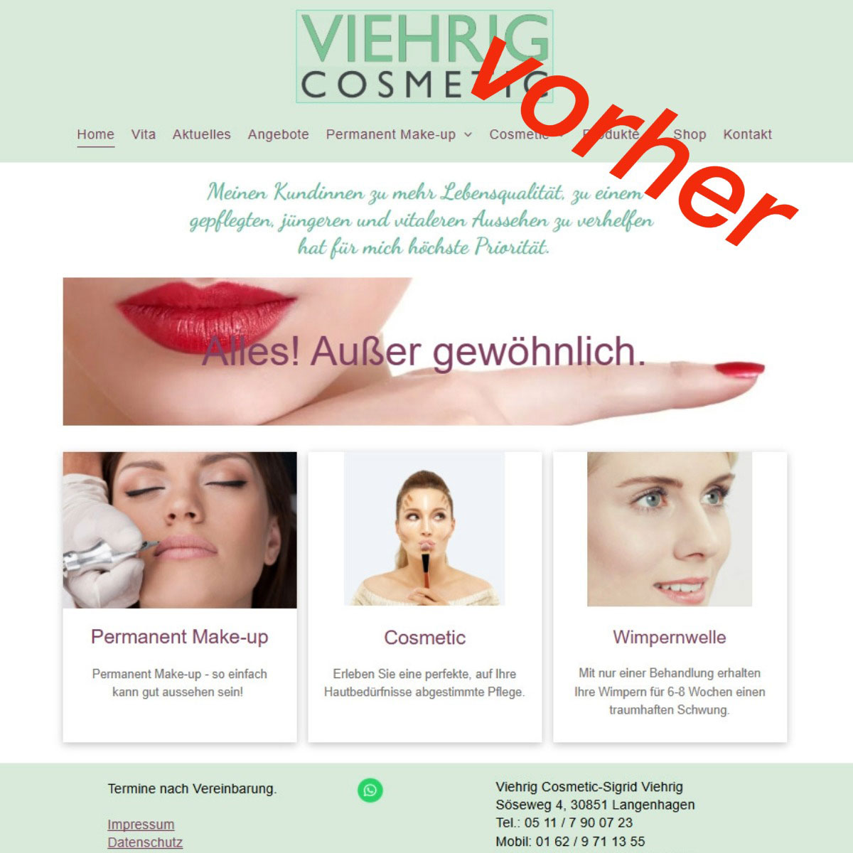 Vorher: Webseitenoptimierung Kosmetik Kosmetik Webseite vorher ohne SEO-Texte und grafische Optimierung