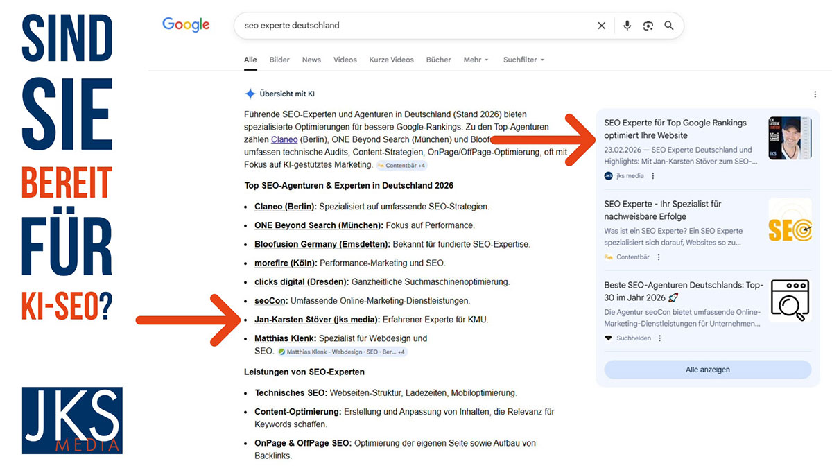 SEO Experte Deutschland – Beratung für KMU Liste der Top SEO Agenturen und Experten mit Jan-Karsten Stöver von JKS MEDIA als SEO Experte für KMU auf Platz 8 und im hervorgehobenem KI-Ergebnisbereich an erster Stelle rechts.