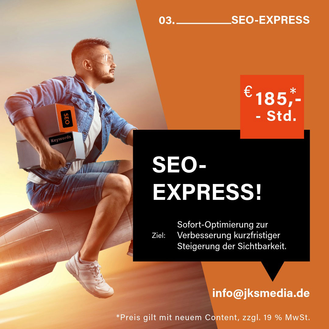Dienstleistung für SEO Express und Sofort-Optimierung zur kurzfristigen Steigerung der Sichtbarkeit. Das Visual zeigt eine Person auf einer fliegenden Rakete mit einem SEO-Paket, inklusive Stundensatz von 185 EUR.