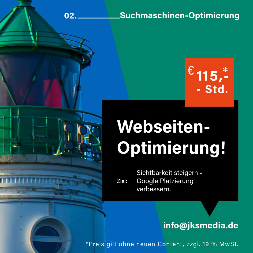 Dienstleistung zur Steigerung der Website-Sichtbarkeit und Verbesserung der Google-Platzierung. Das Visual zeigt einen grünen Leuchtturm als Symbol für Erfolg und Orientierung, inklusive Stundensatz von 115 EUR.