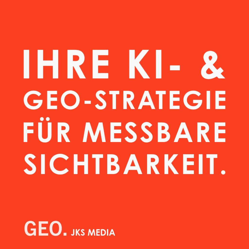 Orangefarbenes Visual der Agentur JKS MEDIA zur digitalen Sichtbarkeit durch SEO, GEO und KI-Strategien für Mittelstand, Gesundheitswesen und Hotellerie in der D-A-CH-Region.