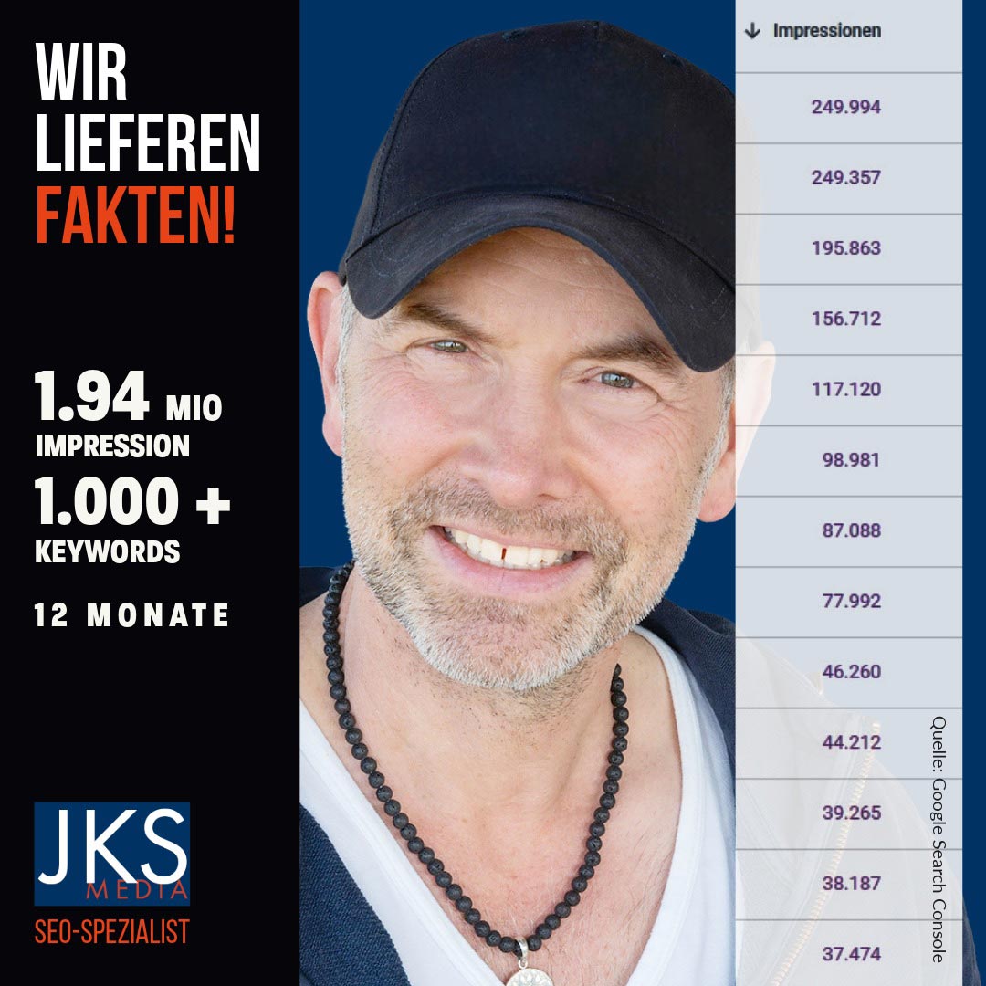SEO-Experte mit Cap vor Google Search Console Daten: Nachweis von über 1,9 Mio. Impressions p.a. für KÜSTENFREUND (u.a. 280.563 monatlich) – Quelle: Google Search Console.